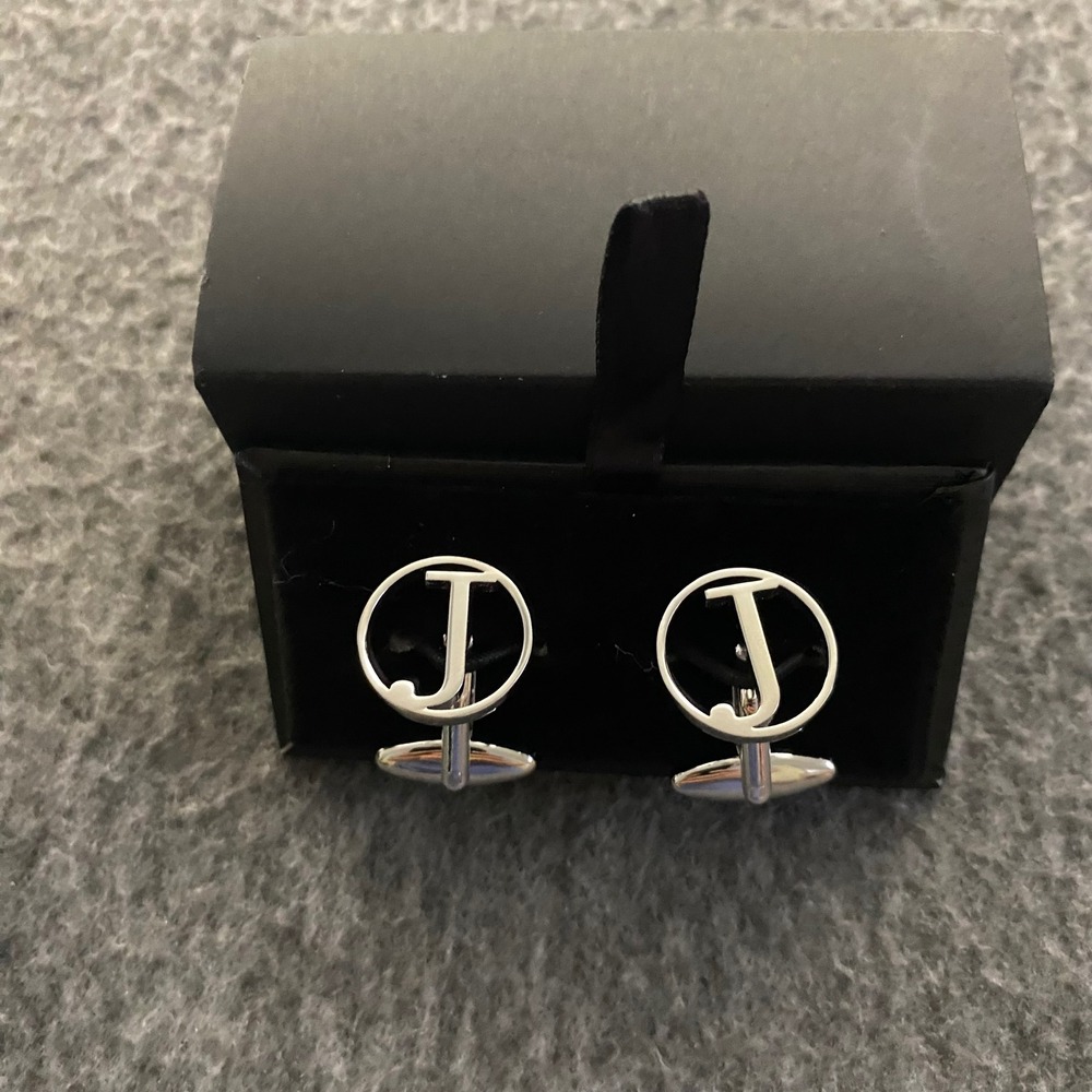 Silver Tone Initial J Cufflinks Circular Cutout Letter J Mens Formal Accessory